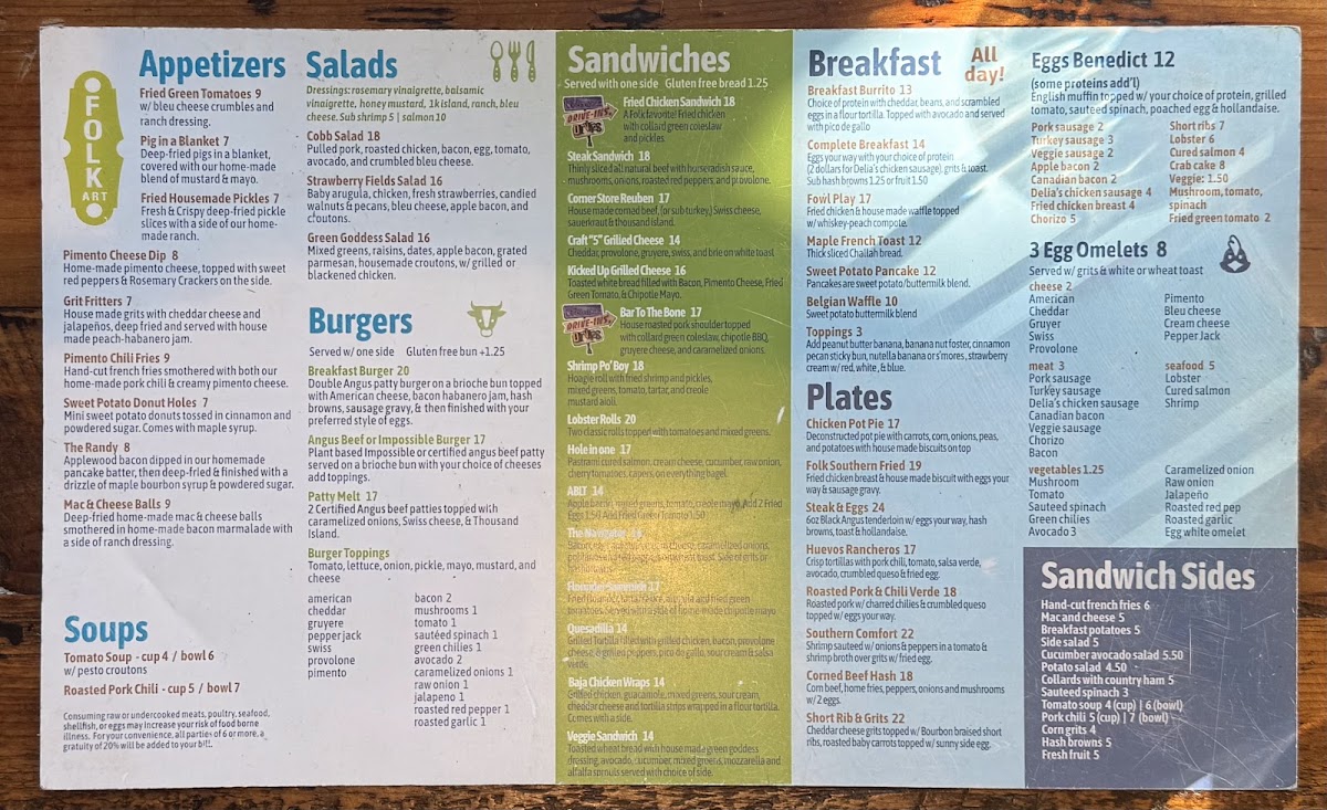 FolkArt Restaurant Hapeville menu board
