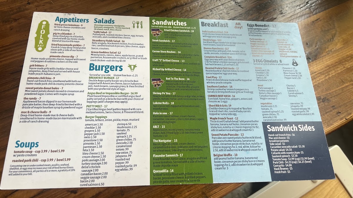 FolkArt Restaurant Hapeville menu board