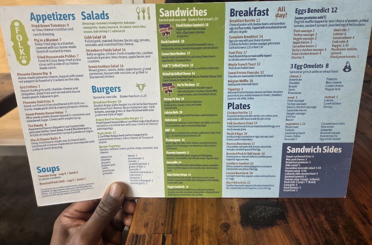 FolkArt Restaurant Hapeville menu board