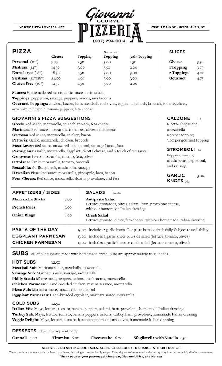 Giovanni's Gourmet Pizza menu board