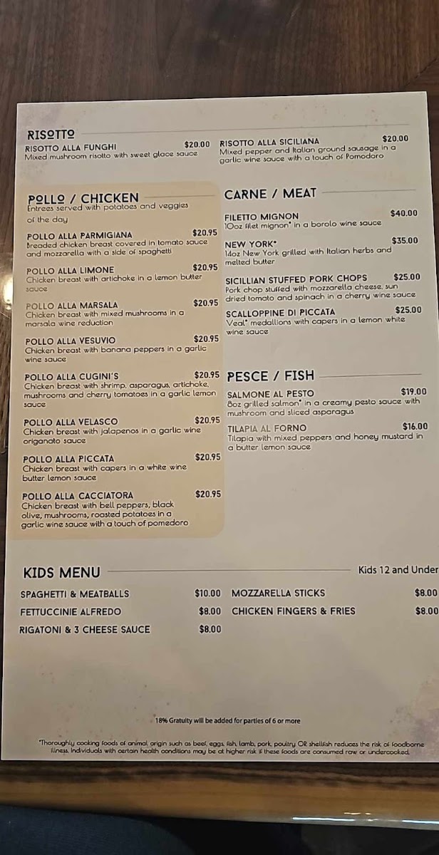 Cuginis Italian Restaurant menu board