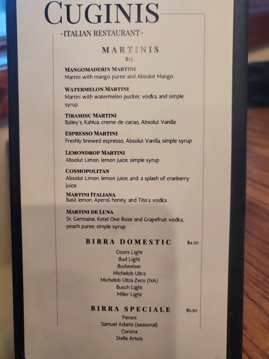 Cuginis Italian Restaurant menu board