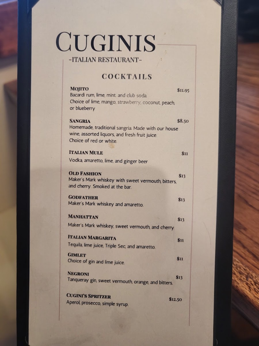 Cuginis Italian Restaurant menu board