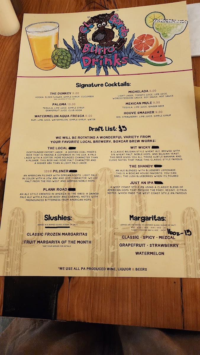 El Gordo Burro menu board
