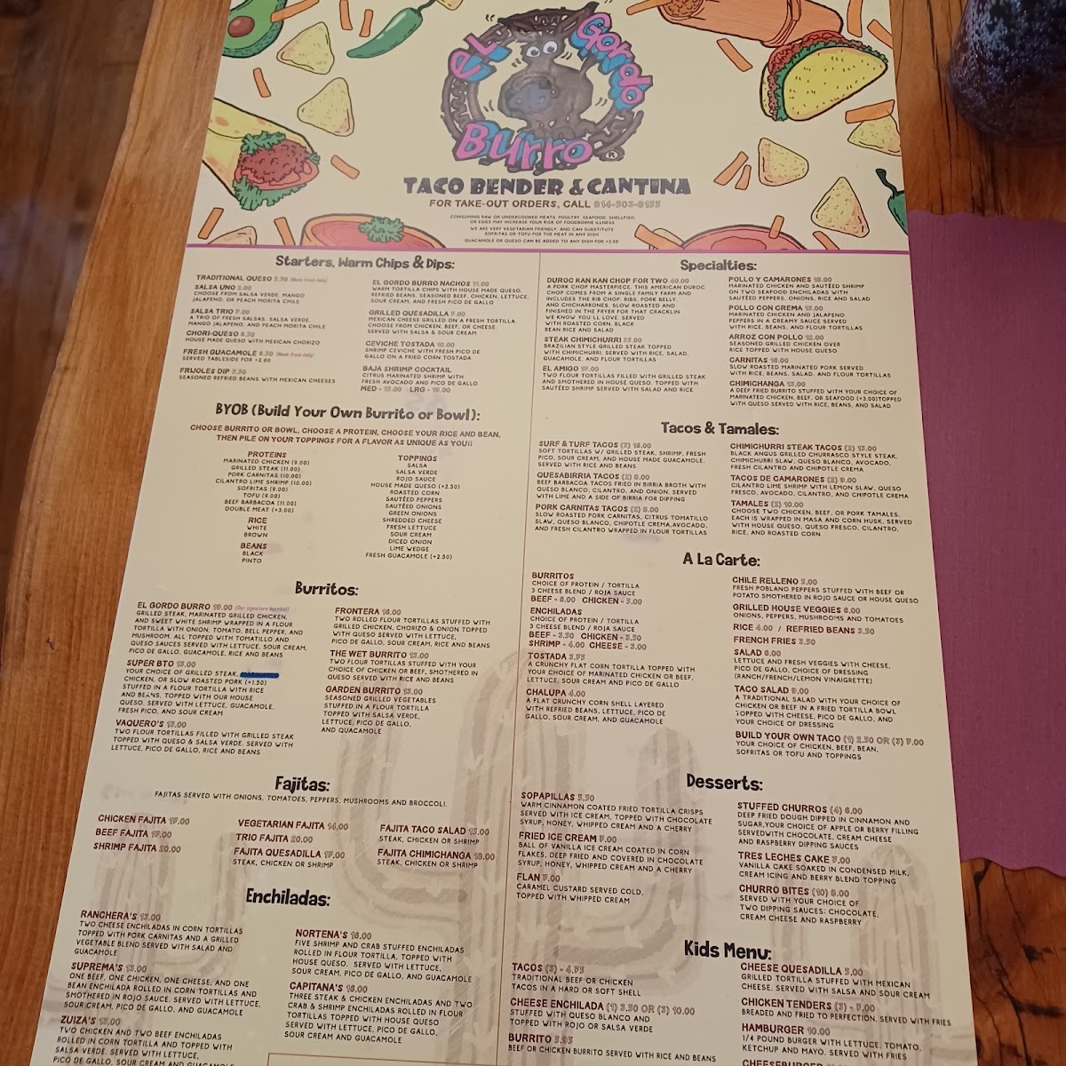 El Gordo Burro menu board