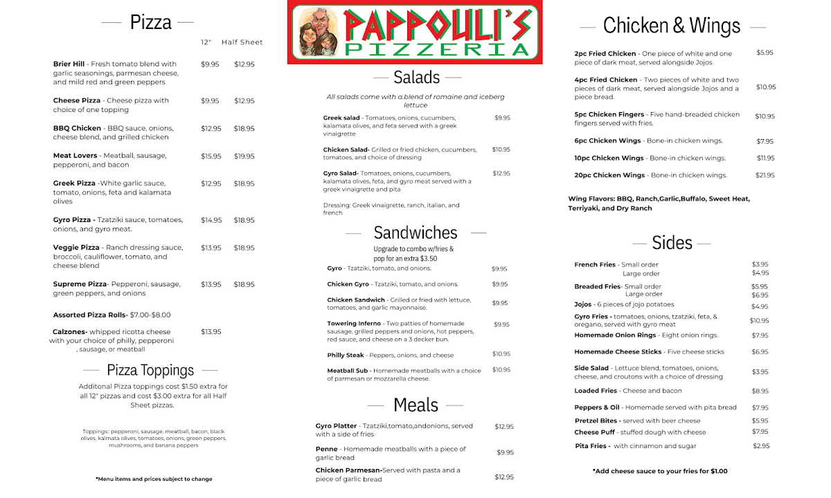 Pappouli’s Pizzeria menu board
