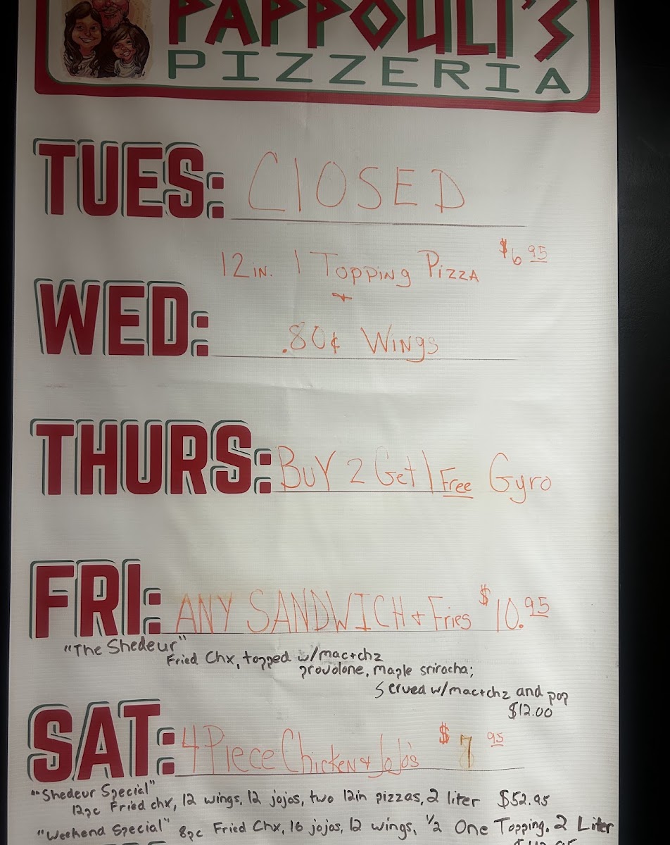 Pappouli’s Pizzeria menu board