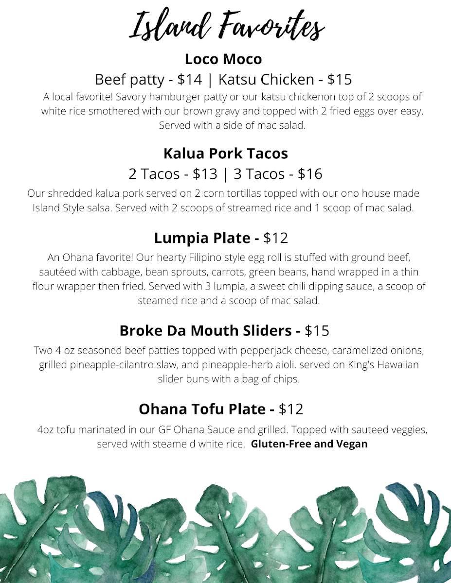 Ohana Kitchen menu board