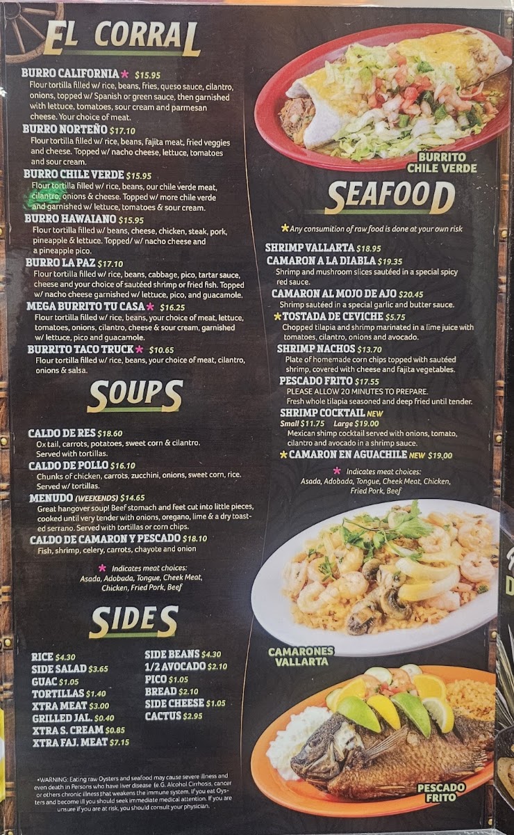 Tu Casa 2 Mexican Restaurant menu board