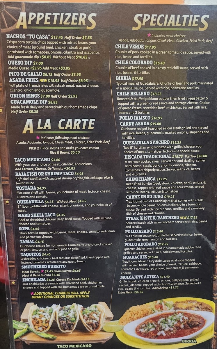 Tu Casa 2 Mexican Restaurant menu board