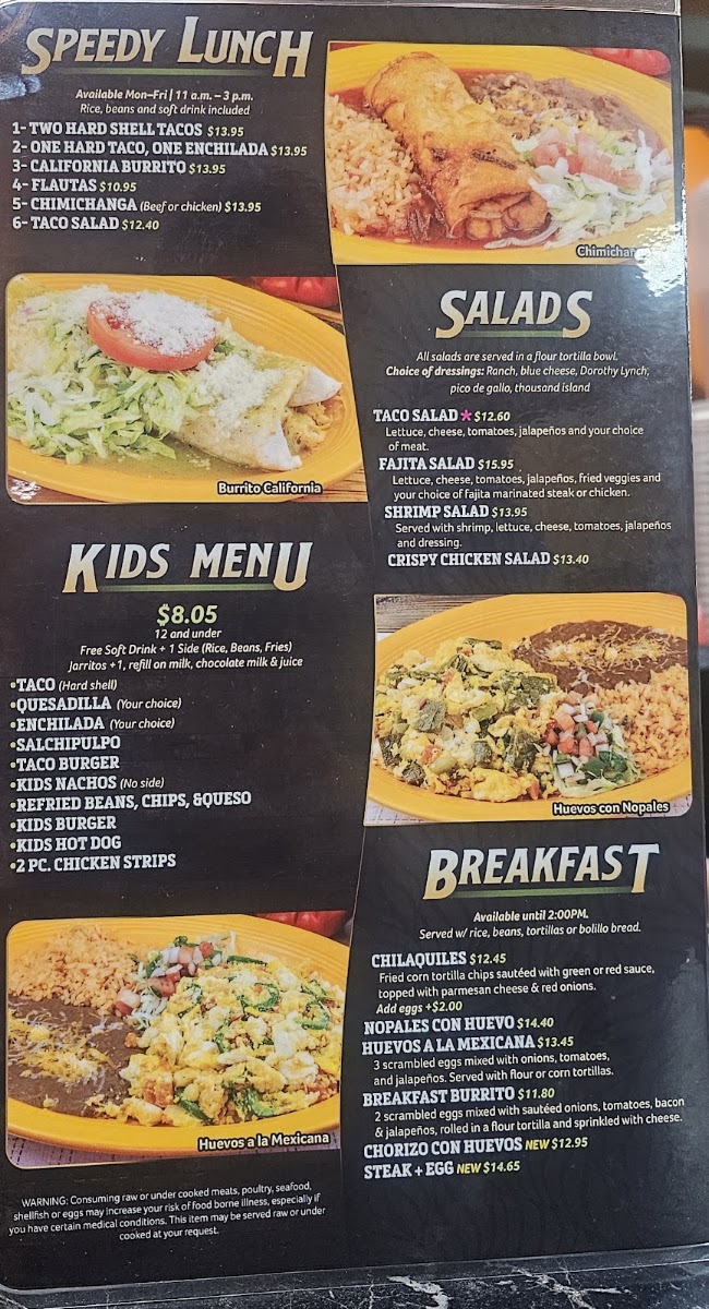 Tu Casa 2 Mexican Restaurant menu board