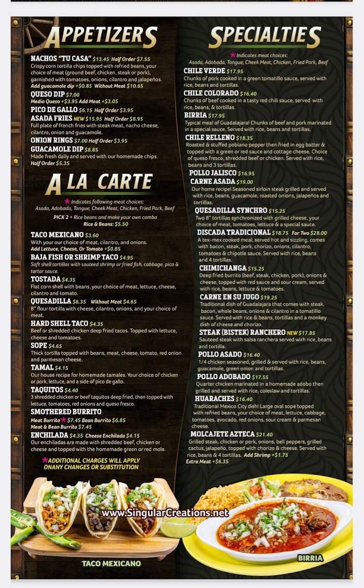 Tu Casa 2 Mexican Restaurant menu board