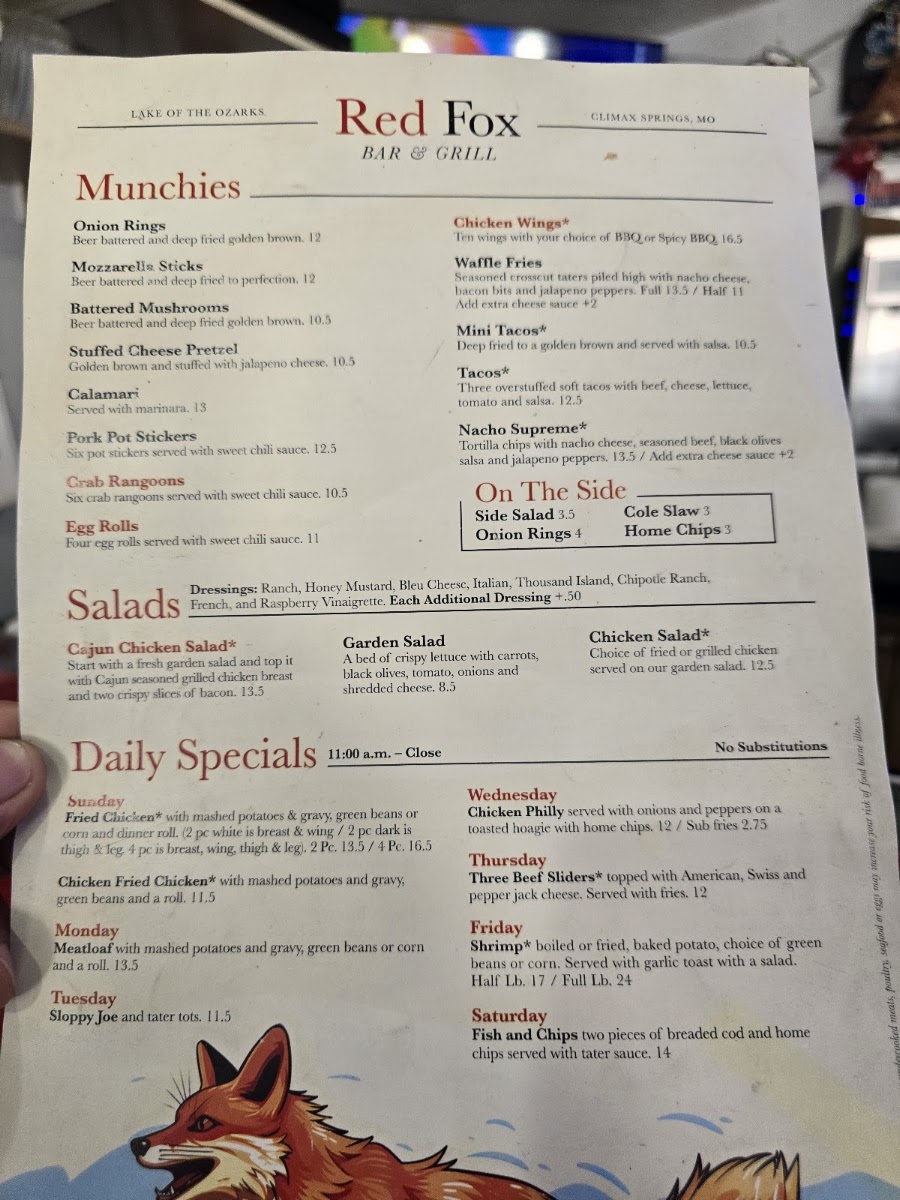 Red Fox, Lake Of The Ozarks menu board