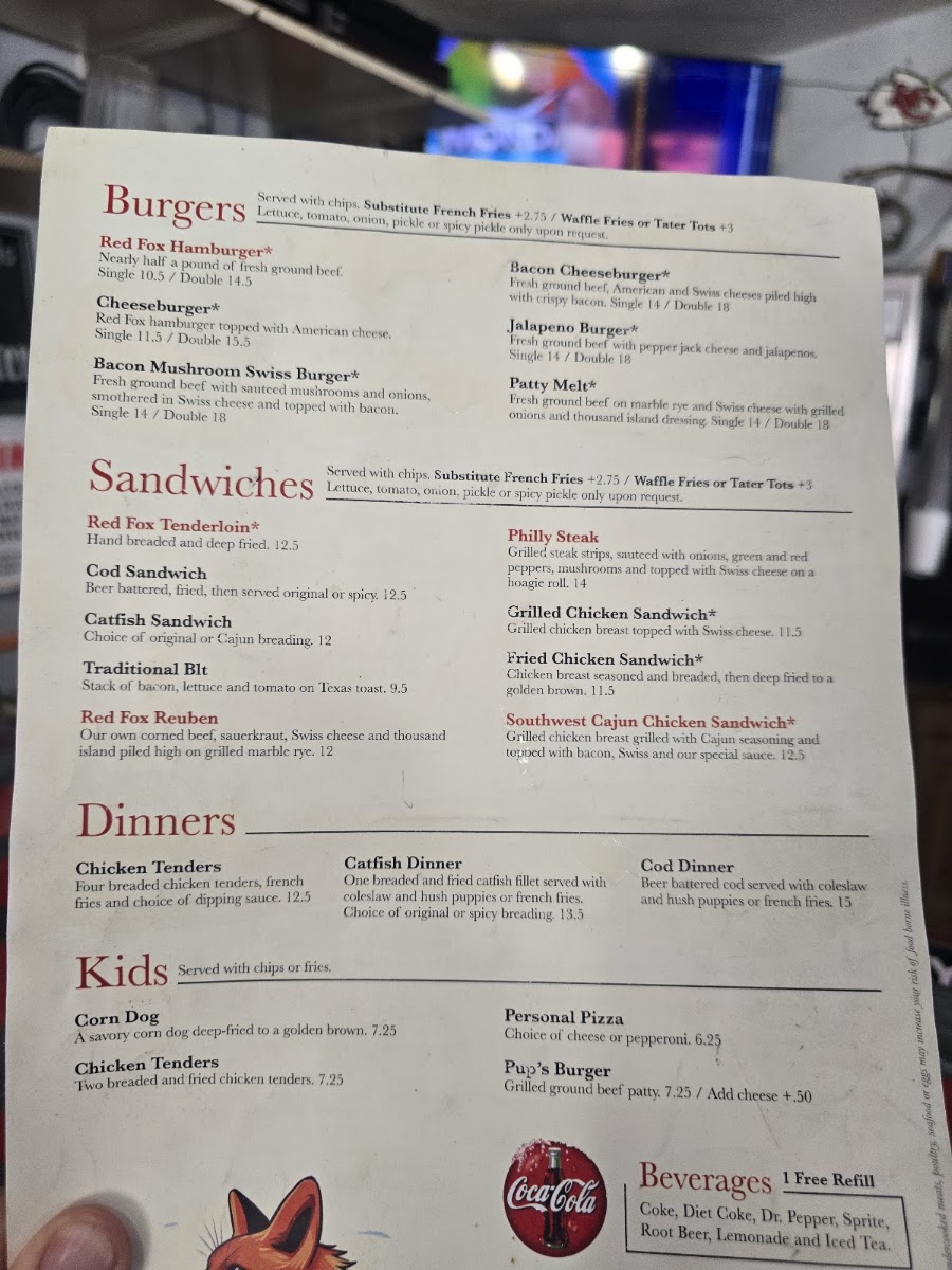 Red Fox, Lake Of The Ozarks menu board