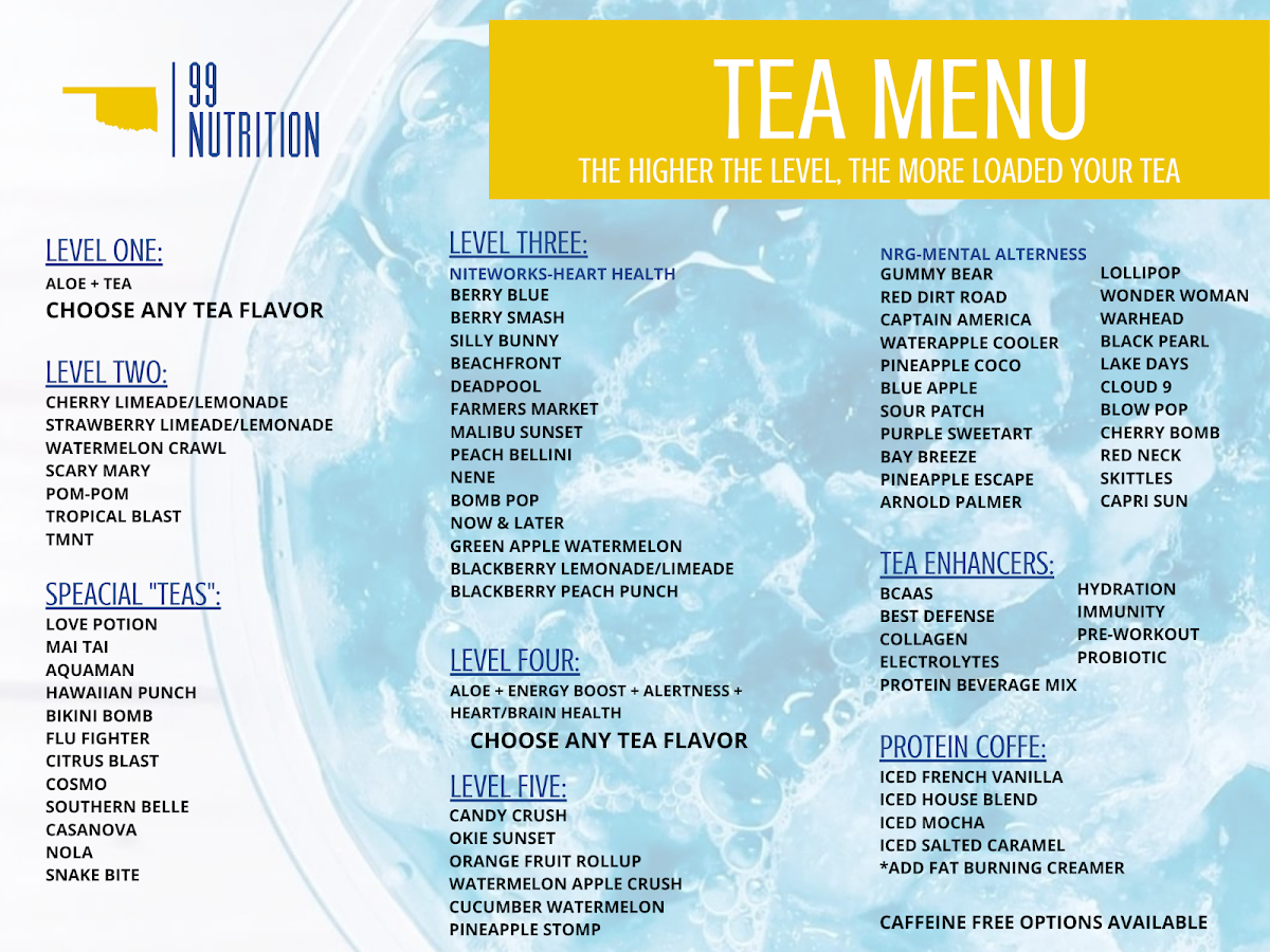 99 Nutrition menu board