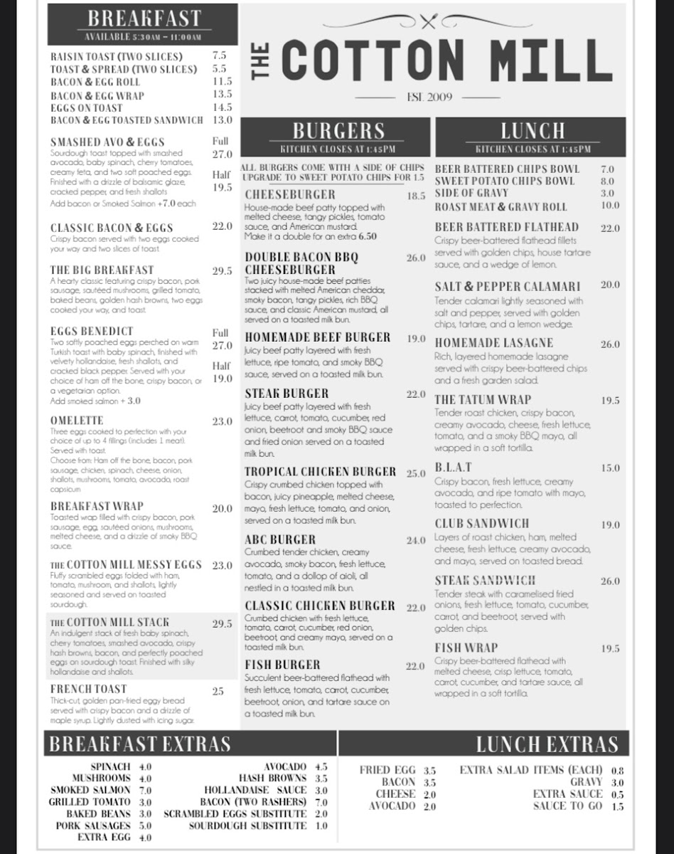 The Cotton Mill Gladstone menu board