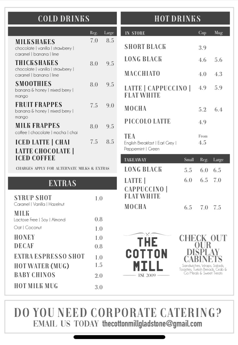 The Cotton Mill Gladstone menu board