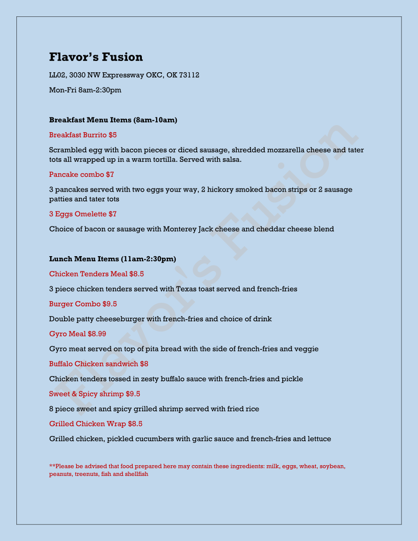 Flavor's Fusion menu board