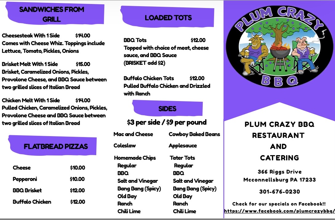 Plum Crazy BBQ menu board