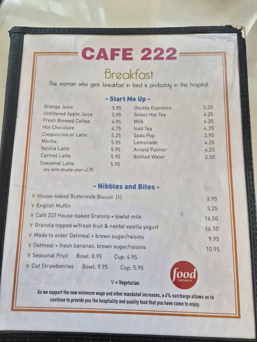 Cafe 222 menu board