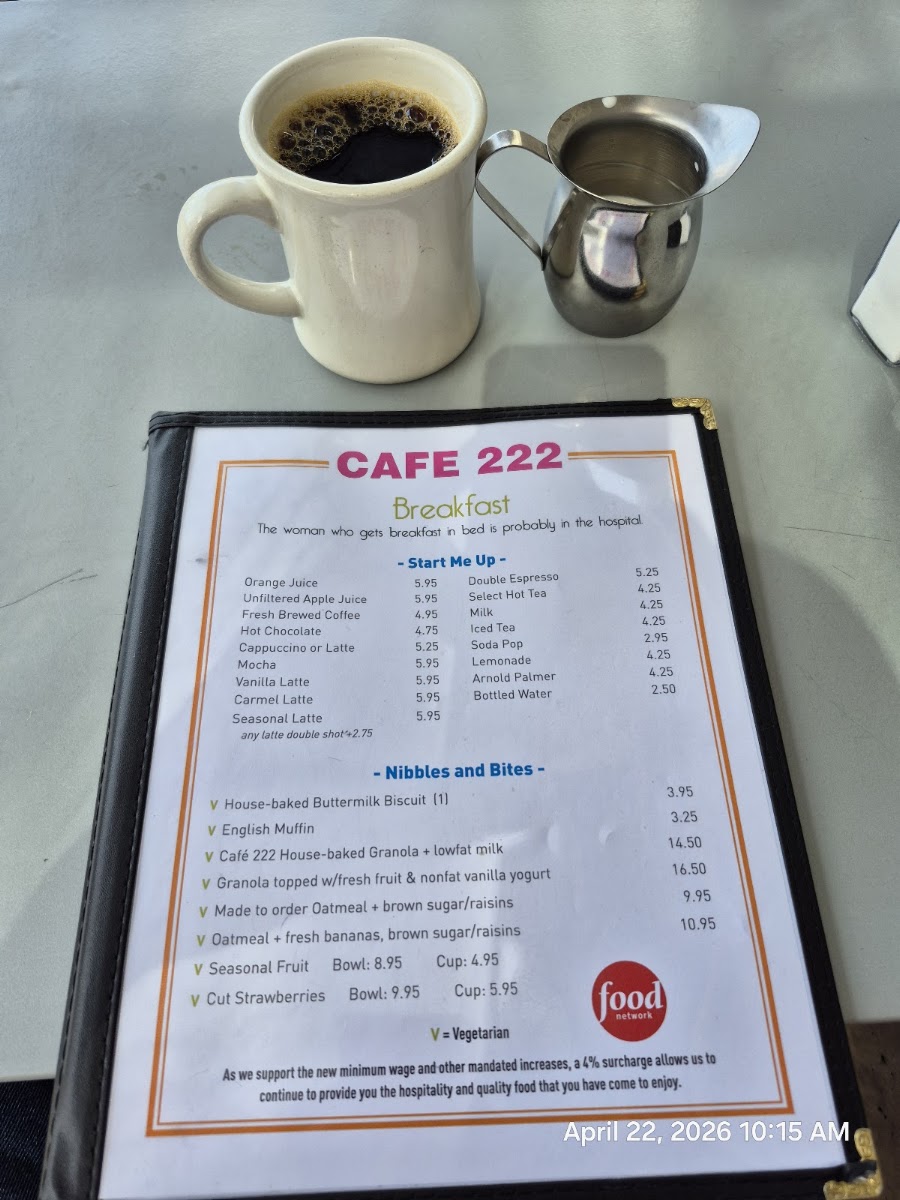 Cafe 222 menu board