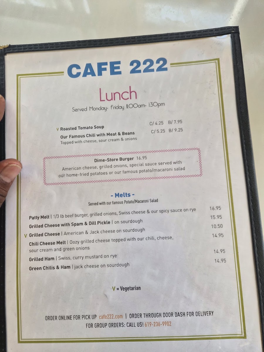 Cafe 222 menu board