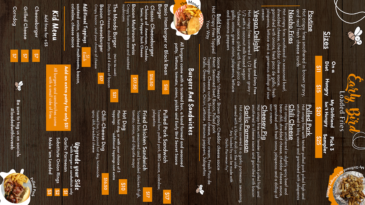 Early Bird Loaded Fries menu board