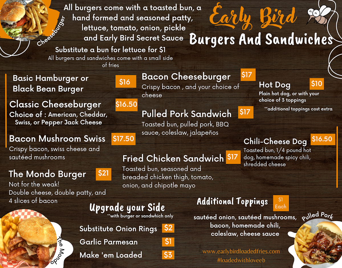 Early Bird Loaded Fries menu board
