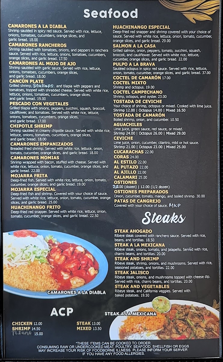 El Marinero Mexican Food & Seafood Restaurant menu board