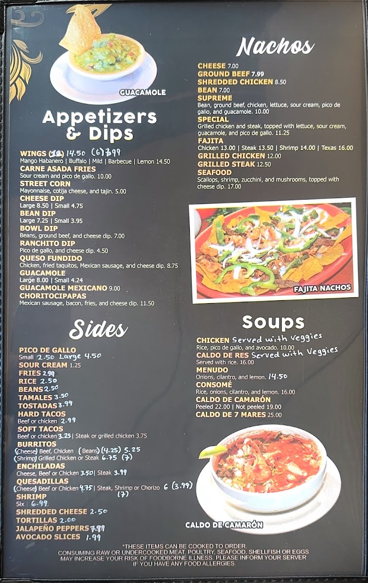 El Marinero Mexican Food & Seafood Restaurant menu board