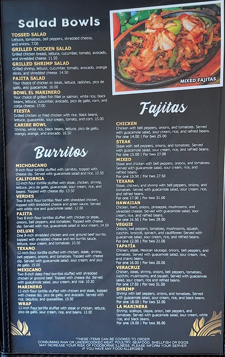 El Marinero Mexican Food & Seafood Restaurant menu board