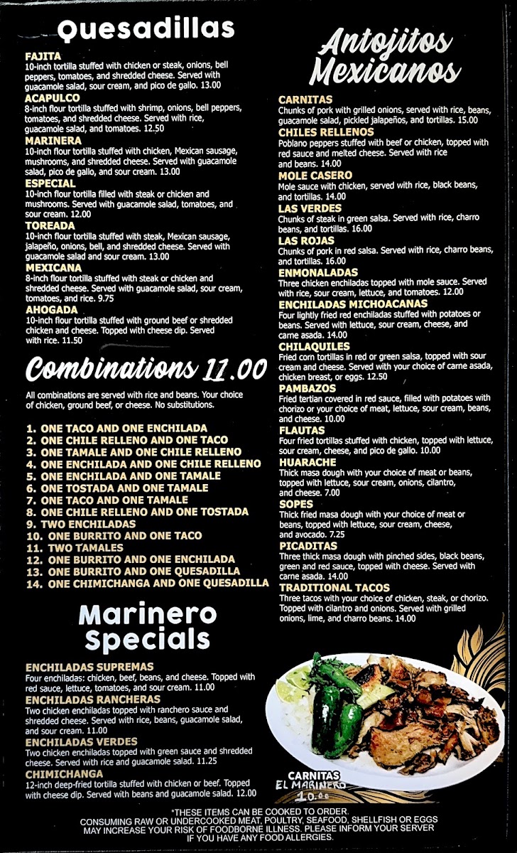 El Marinero Mexican Food & Seafood Restaurant menu board