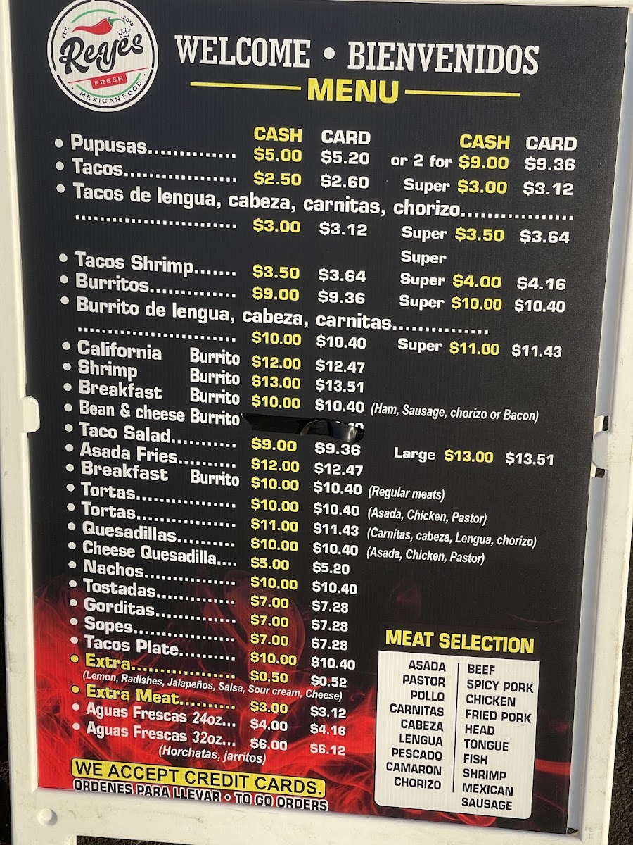Reyes Taqueria menu board