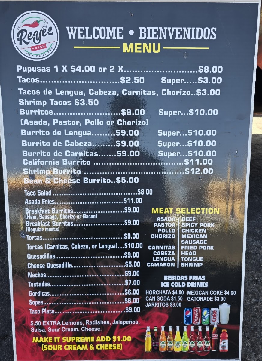 Reyes Taqueria menu board