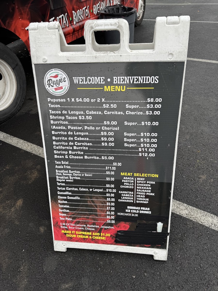 Reyes Taqueria menu board