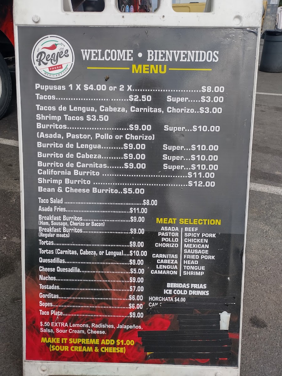 Reyes Taqueria menu board