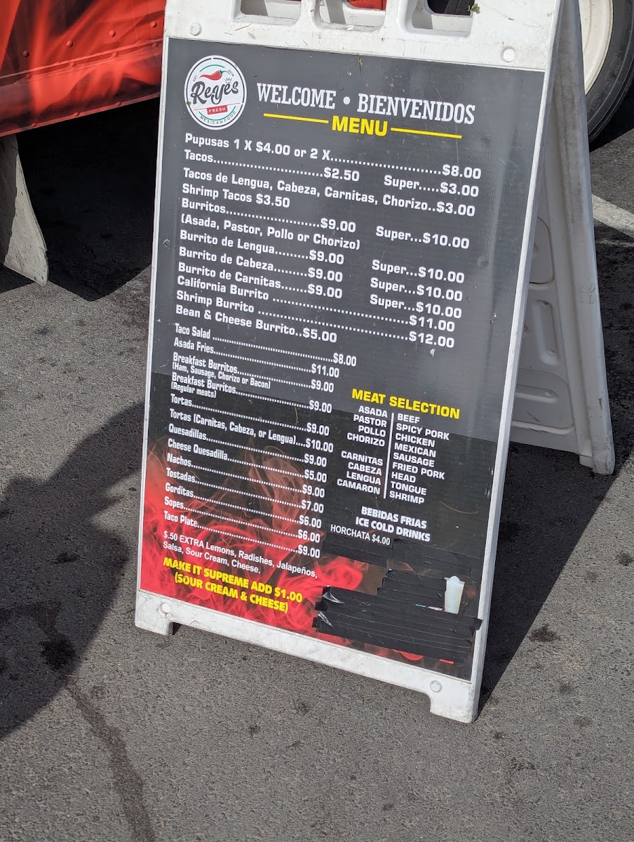 Reyes Taqueria menu board