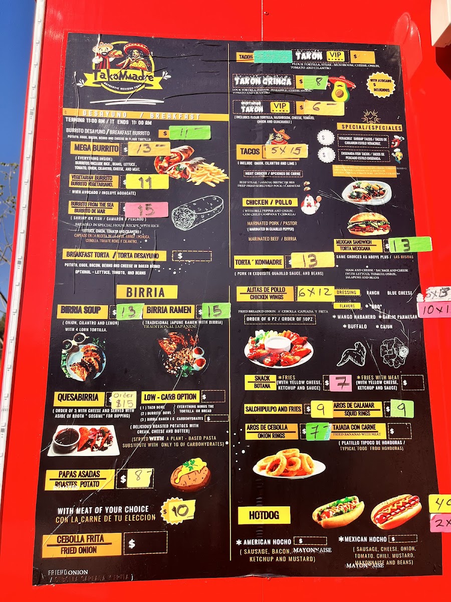 Takonmadre Authentic mexican food menu board