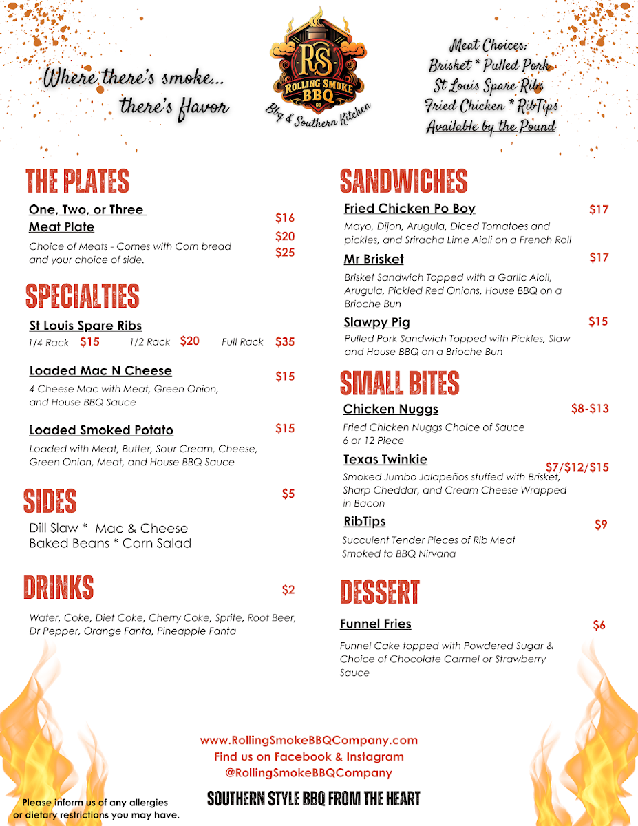 Rolling Smoke BBQ Company menu board