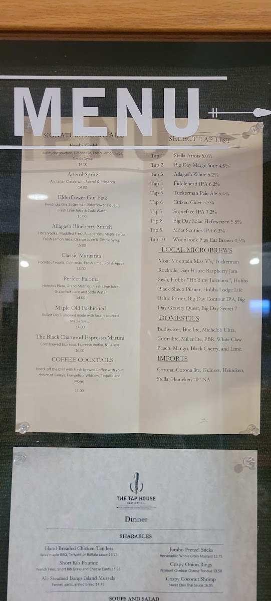 The Tap House menu board