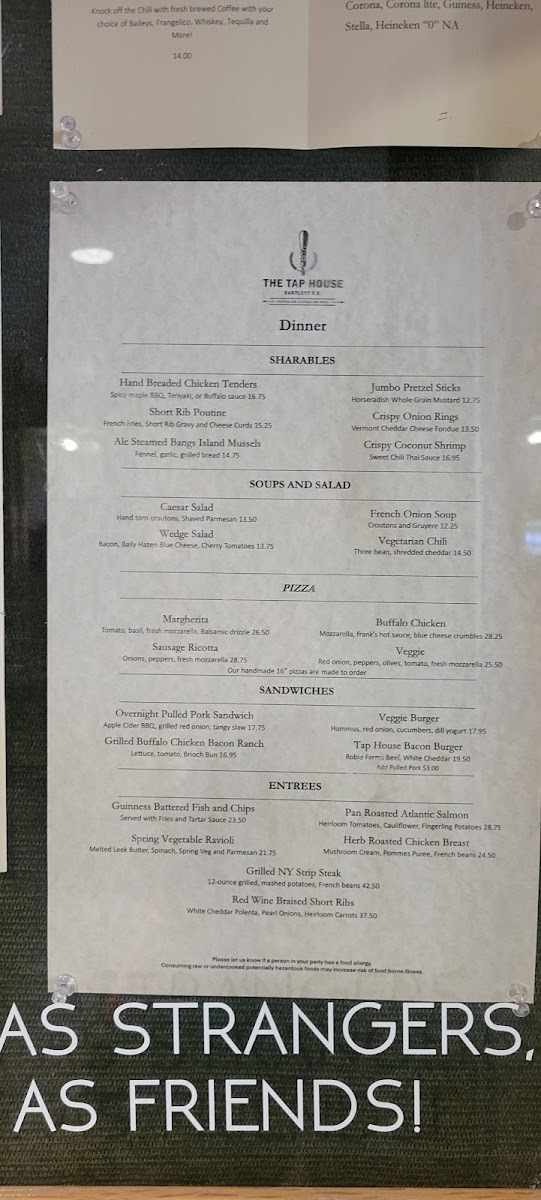 The Tap House menu board