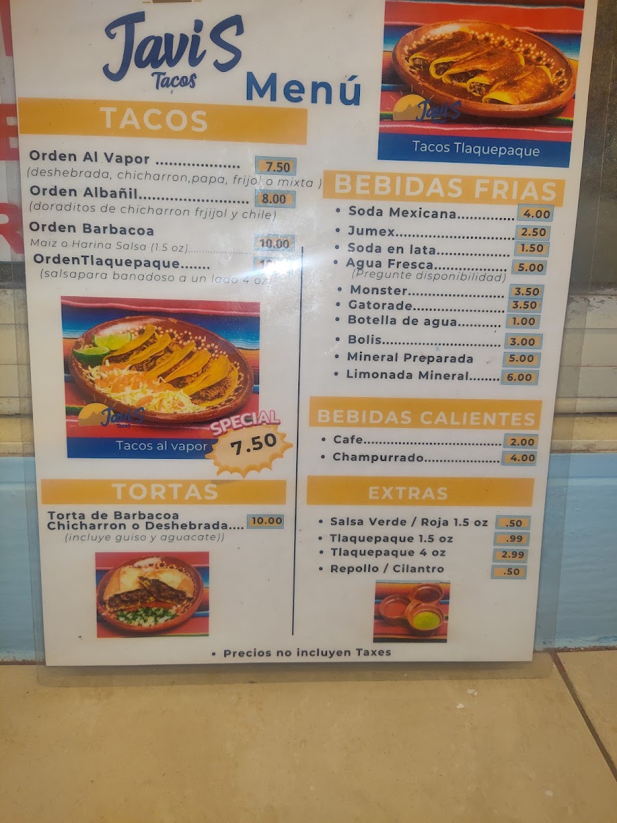 Tacos Javi's 2 menu board