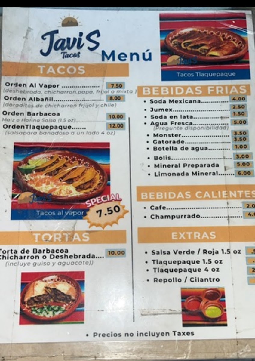 Tacos Javi's 2 menu board