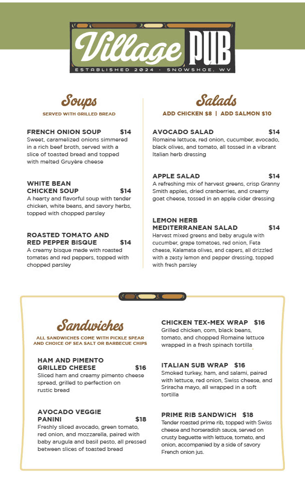 Village Pub menu board
