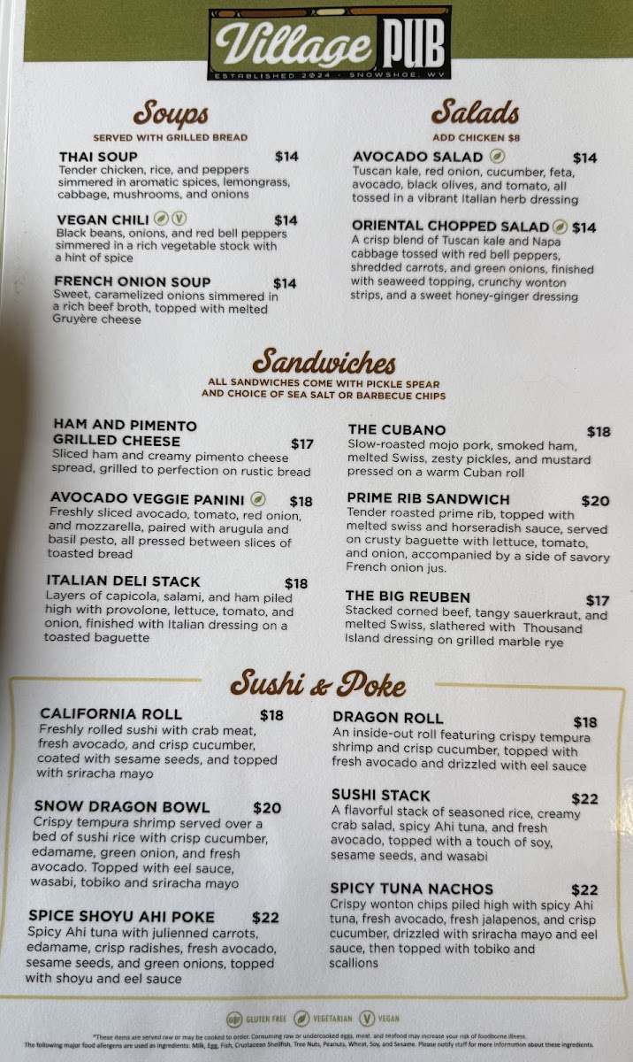 Village Pub menu board
