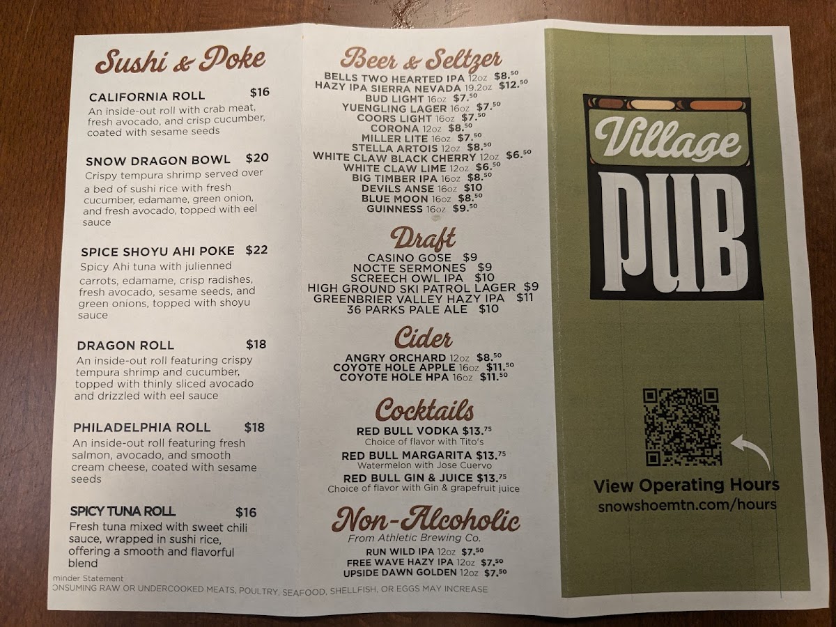 Village Pub menu board