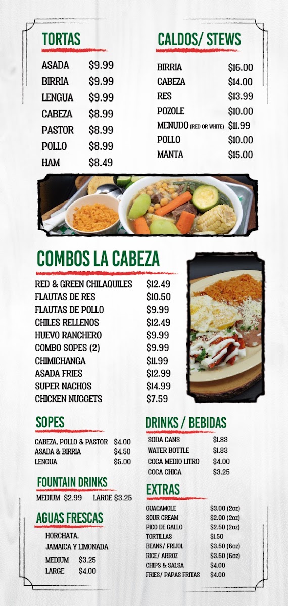 Tacos La Cabeza menu board