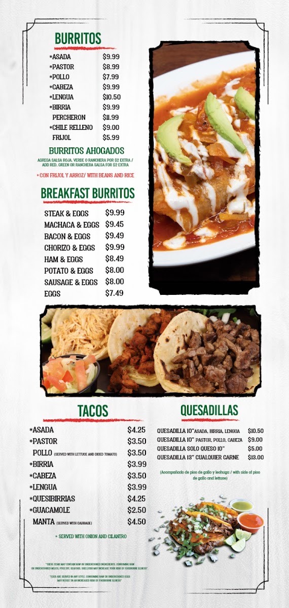 Tacos La Cabeza menu board