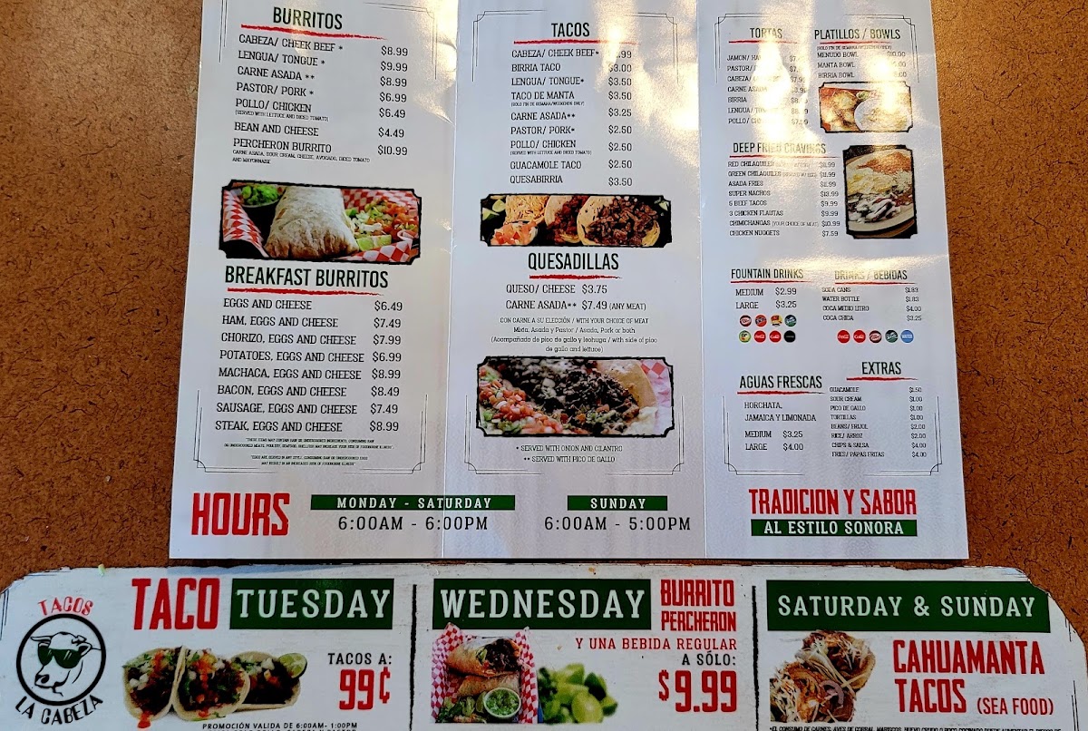 Tacos La Cabeza menu board
