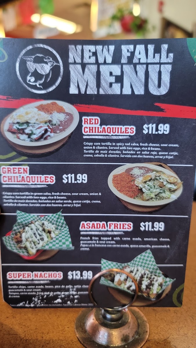 Tacos La Cabeza menu board